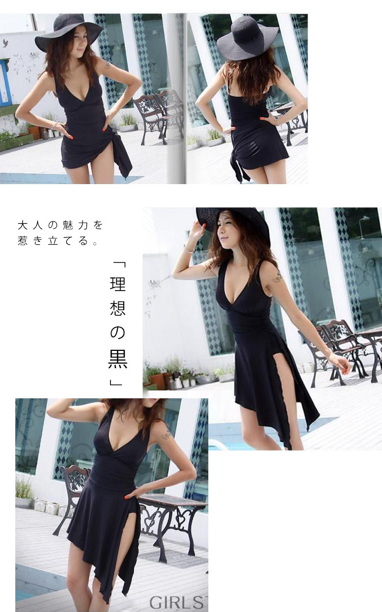 大きいサイズ レディース 胸元のvラインがセクシー 水着 ワンピース 無地 夏 Vネック スウィムウェア フレア サイドスリット スリット ミニ丈 ビキニ オススメ 通販 人気 即納 シースルー 透け感 薄手 体型カバー Ll 2l 3l 4l Xl Xxl 13号 15号 17号 ブラック