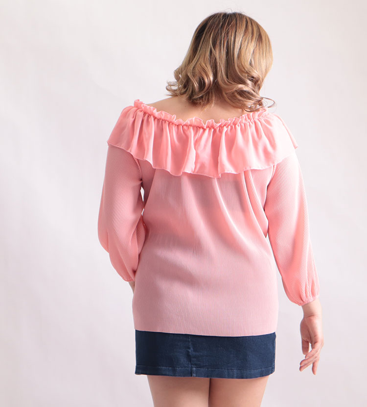 大きいサイズ レディース トップス ブラウス シャツ オフショルダーフリルブラウス オフショルブラウス オフショル オフショルダー 長袖 プリーツ フリル 谷間 セクシー 男性ウケ リブ ストレッチ 無地 2way 春新作 春服 夏服 秋服 Ll 2l 3l 4l 5l ピンク ゴールド