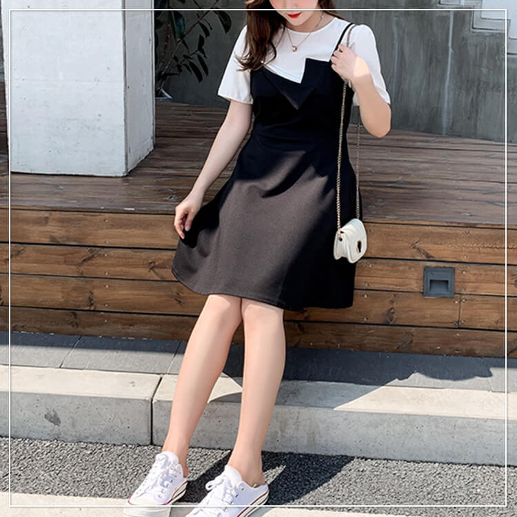 最大48 Offクーポン 大きいサイズ レディース ワンピース ワンピ サマーワンピース ブラック 黒 モノトーン カットソー インナーセット セット ラウンドネック 重ね着 くびれ フレアスカート 半袖 膝丈 ポリエステル 伸縮素材 スタイルアップ 秋 夏新作 ゆったり Ll 3l 4l