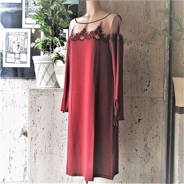 手数料無料 イタリア 輸入下着 モダール 天然素材 レディース ファッション ゆったり リラックス レース セクシー 女子力アップ プレゼント 誕生日 クリスマス ボルドーレッド ネグリジェ 長袖ナイティドレス Smartpipe Com Br