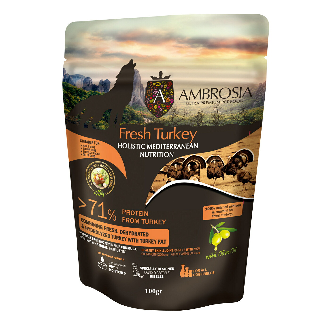 アンブロシアHMNターキー　１００g　１.５kg　５kg　１２kg　オリーブオイル入り 犬 ペットフード ドックフード フード ごはん 犬用品　皮膚被毛　関節　【お取り寄せ商品】5214002707361　5214001832866　5214001832873　5214002707682｜OTTO ANIMAL HEALTH