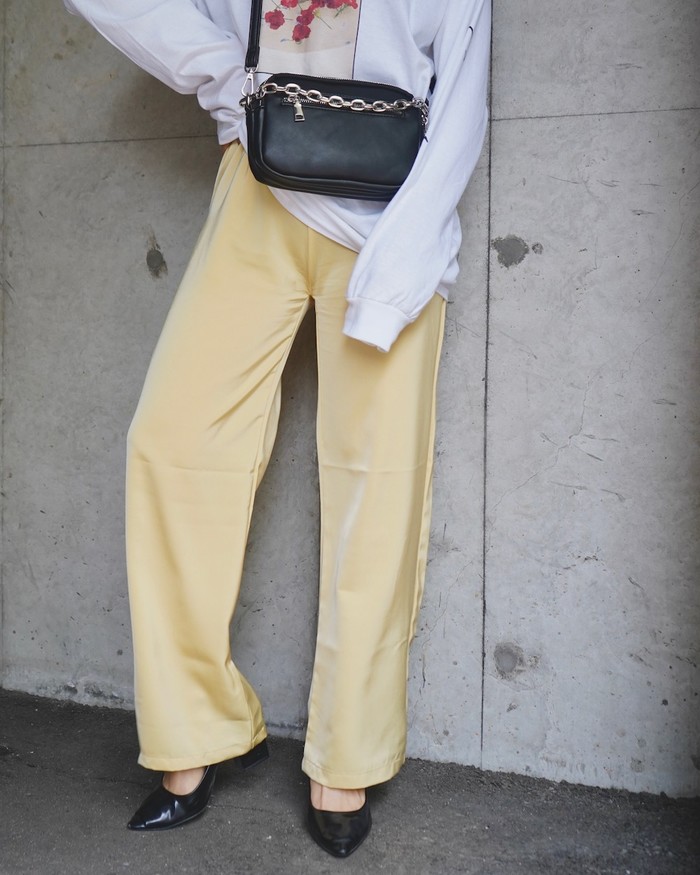 楽天市場 Shiny Easy Pants Lemon Yellow レディース パンツ ロング ボトムス 黄色 ウエストゴム ウエスト紐 韓国ファッション ストリート 原宿系 洋服 おしゃれ お洒落 ブランド アパレル A D G Adg エーディージー A D G