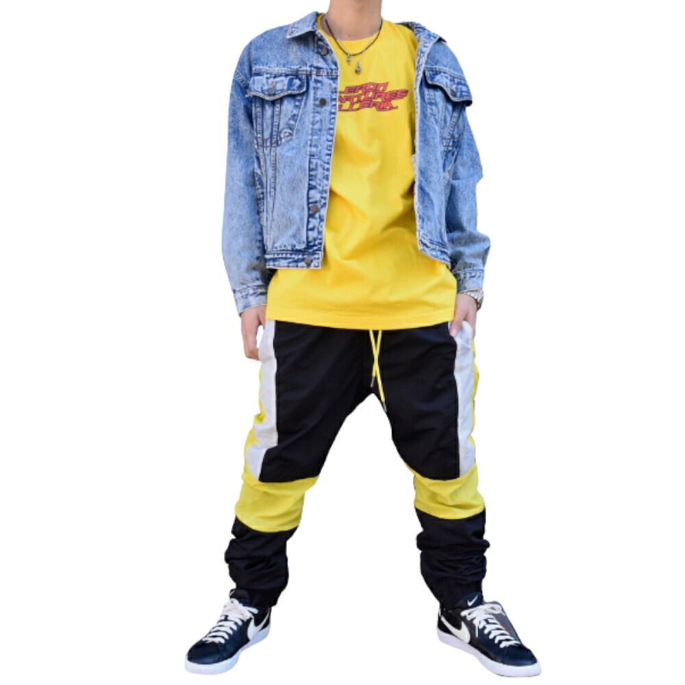 BLOCKING COLOR NYLON PANTS ユニセックス 男女兼用 パンツ ボトムス ストリート カジュアル ナイロンパンツ イエロー 黄色 ブラック 黒 送料無料 A.D.G エーディージー｜A.D.G