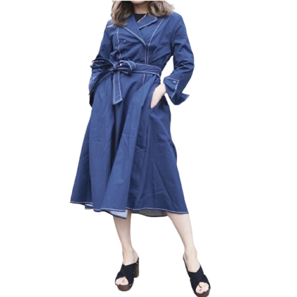 RIBBON DESIGN TRENCH COAT ONEPIECE (blue)　女性　レディース　アウター　コート　トレンチコート　ワンピース　ロング　ブルー　青　ウエストベルト　春　カジュアル　リボン　ガーリー　ナチュラル　エレガント　フェミニン　A.D.G　エーディージー　送料無料｜A.D.G
