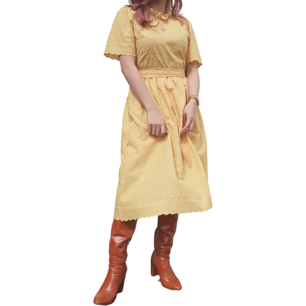 レディースファッション ワンピース 品質は非常に良い Flare Cutwork Flower Onepiece エーディージー Adg Yellow レディース ワンピース イエロー 黄色 半そで 半袖 花柄 ウエストリボン 春夏 女性 お洒落 おしゃれ ガーリー ファッション 洋服 ロング ブランド