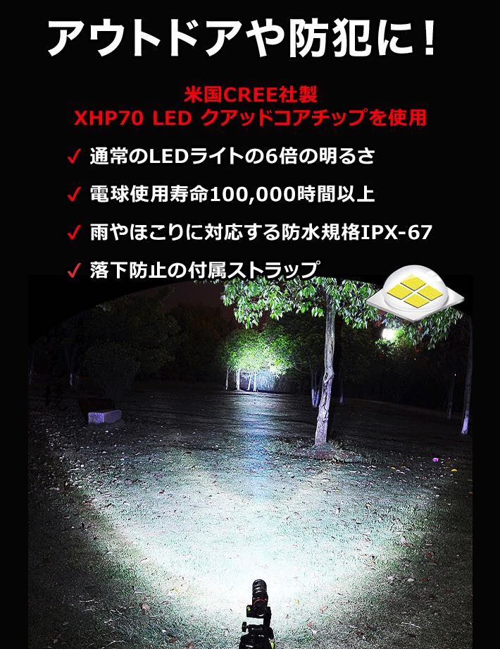 楽天市場 Cree Xhp70 Led懐中電灯 フラッシュライト 強力 超高輝度4000ルーメン 伸縮ズーム ハンディライト 充電式 Ledライト 3モード残量表示 防水 停電 災害用 キャンプ アウトドア 夜釣り アルミ合金 電池二本付き Pse認証済み アキラストア