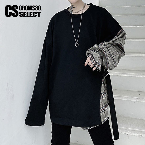 モード系 ロングtシャツ ロンt メンズ ロング丈 ストライプ 縦縞 切替 バイカラー ベルト ロングカットソー ストリート系 ファッション オーバーサイズカットソー インポート 個性的 V系 ヴィジュアル系 ファッション 韓国 トップス 衣装 春 秋服 冬服 新作 Andapt Com