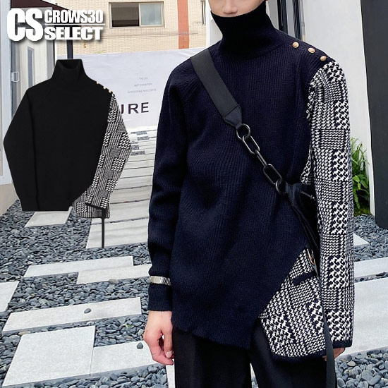 Gekiyasu Shinsaku セーター メンズ ストリート系 メンズ ニットソーハイネック 千鳥格子 千鳥柄 チェック バイカラー ロングtシャツ メンズ 大きいサイズ ビッグセーター ロンt メンズ 袖プリント インポート 個性的 V系 ヴィジュアル系 ファッション 韓国 トップス