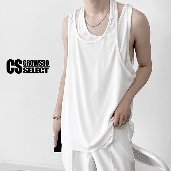 タンクトップ メンズ モード系 タンクトップ ダブルネック タンクトップ カットソー Tシャツ 重ね着 フェイクレイヤード タンクトップ インポート 送料無料 21 春 夏 新作 個性的 V系 お兄系 ビター系 ヴィジュアル系 ファッション ストリート系 ホスト 衣装 ホワイト