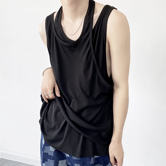 タンクトップ メンズ モード系 タンクトップ ダブルネック タンクトップ カットソー Tシャツ 重ね着 フェイクレイヤード タンクトップ インポート 送料無料 21 春 夏 新作 個性的 V系 お兄系 ビター系 ヴィジュアル系 ファッション ストリート系 ホスト 衣装 ホワイト