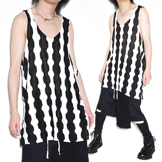 ロングタンクトップ メンズ タンクトップ V系 ビッグシルエット 切りっ放し Tシャツ 縦縞 ストライプ 送料無料 モード系
