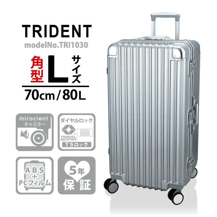 【期間限定最大20％OFFクーポン 7/28（火）9：59まで】スーツケース Lサイズ 角型 スクエア 70cm 80L アルミ調ボディ miraclentキャスター 軽量 頑強 シフレ 5年保証付 TRIDENT トライデント TRI1030｜アマクサかばん