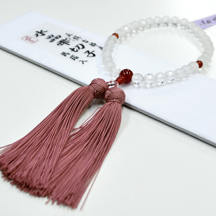 【特典付】女性用略式念珠「水晶雫切子8mm珠・瑪瑙仕立」古都房/サンゴ 桐箱入り 選べる二重ちりめん念珠入れ付き 【雫切子加工】【水晶】【翡翠】【数珠】【念珠】【パワーストーン】【仏具】【法要】【お葬式】【冠婚葬祭】