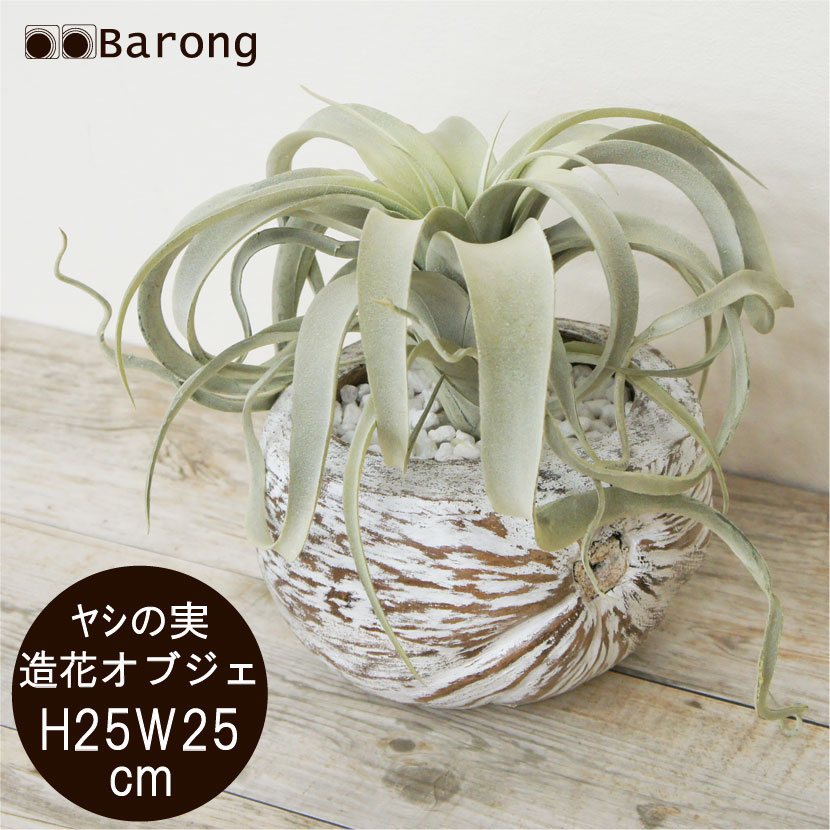 【送料無料】インテリアグリーン エアプランツ ココナッツ鉢付き 高さ25cm / ティランジア アーティフィシャルフラワー フェイクグリーン 人工観葉植物 造花 オブジェ フラワーアレンジメント ナチュラル ホワイトインテリア ベージュインテリア リゾート バリ島 ヤシの実