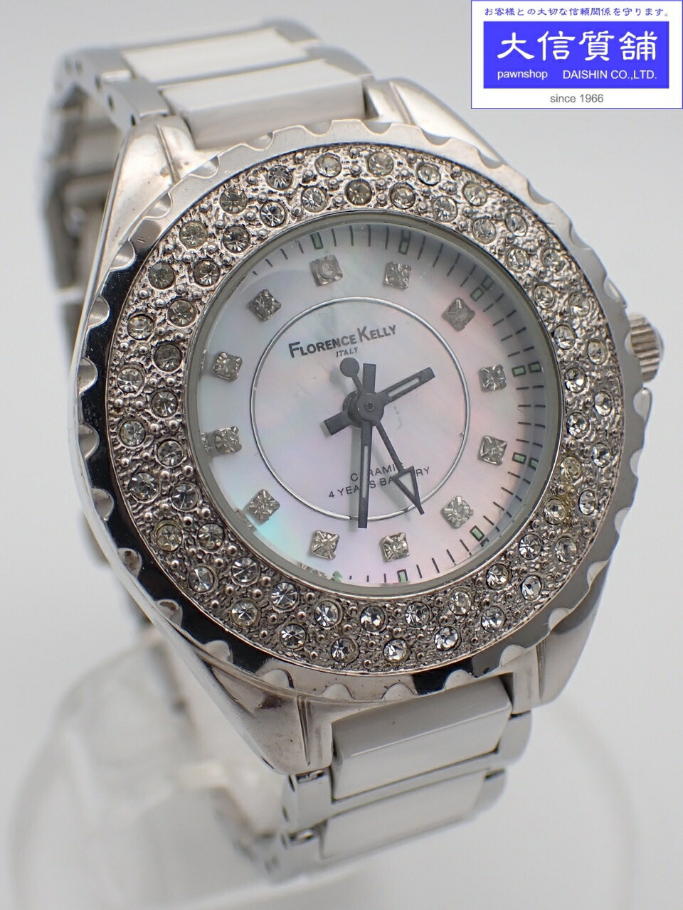 FLORENCE KELLY フローレンス ケリー レディース ウォッチ FLK-800 SS セラミック クォーツ ラインストーン シェル 中古B【中古】【大信質舗】【質屋出店】管理番号：B-2032