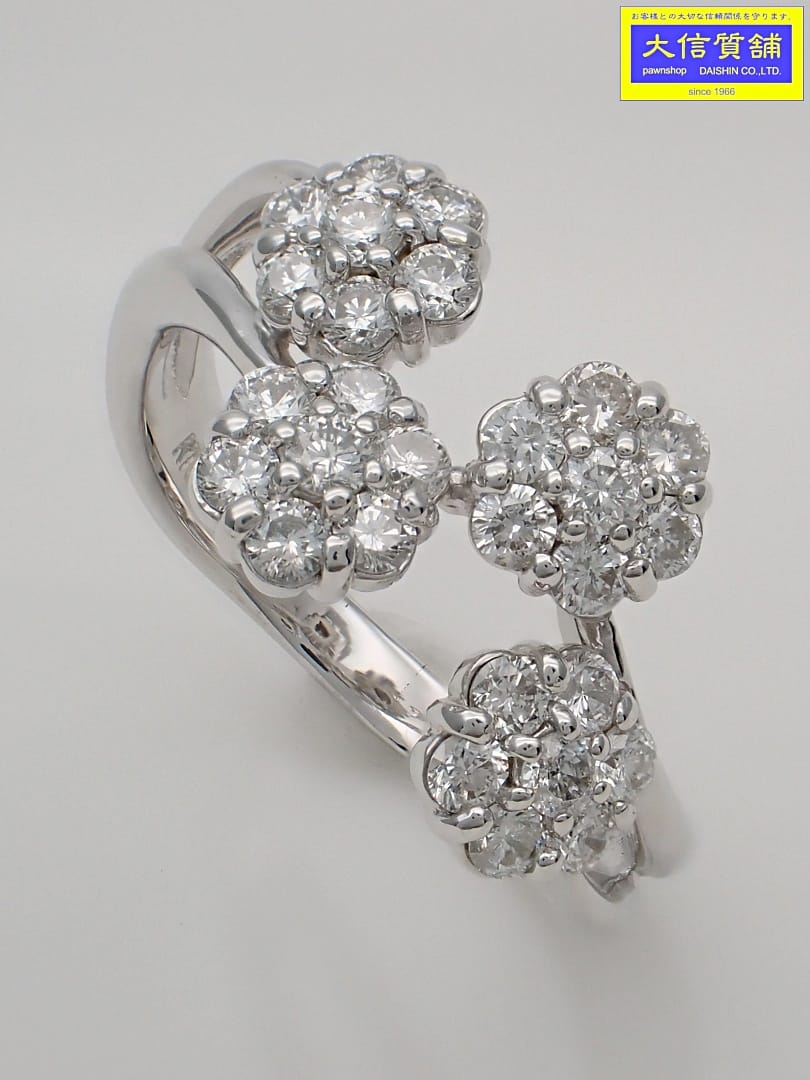 K18WG ホワイトゴールド ダイヤ リング 1.00ct フラワーモチーフ 16号 7.02g 中古A【中古】【大信質舗】【質屋出店】管理番号:C-9269|大信質舗店