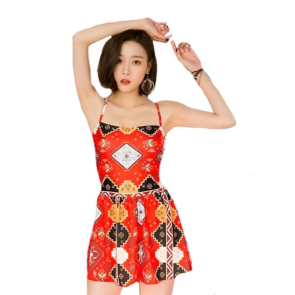 S レディース水着 ワンピース水着 幾何学模様 エスニック風 アンティーク風 レトロ レッド 赤 キャミワンピ バッククロス クロッシー 編み上げ 体型カバー 大人 オトナ Ss Marcsdesign Com