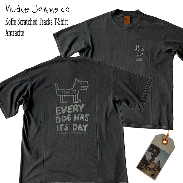 Koffe Scratched Tracks T-Shirt Antracite スミ黒 半袖プルオーバー オーガニックコットン ヌーディージーンズ Nudie Jeans co スウェーデン王国 置き目売りわたす店