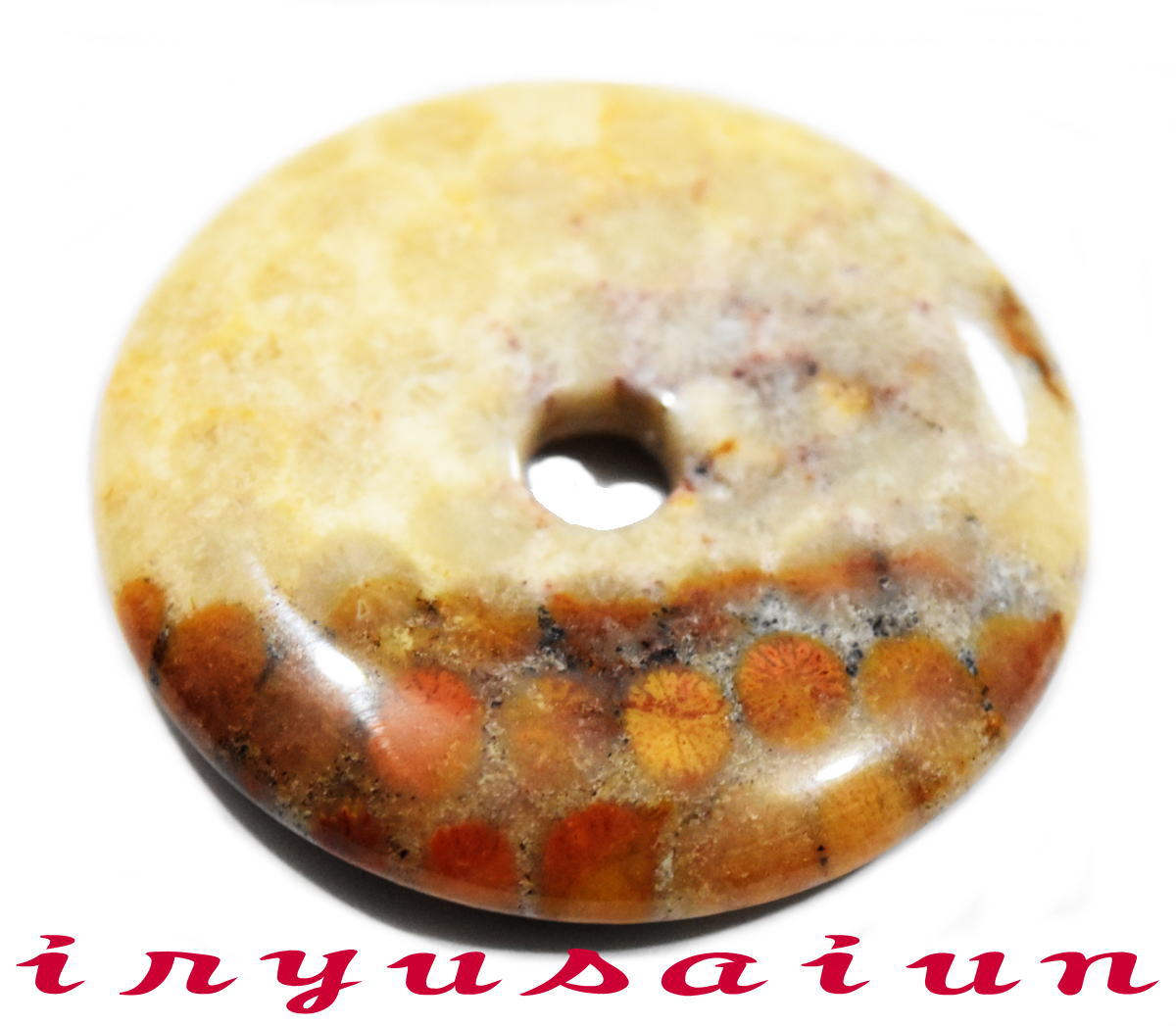 【送料無料】天然 珊瑚 サンゴ 化石 平安扣<BR>フォッシルコーラル 菊花石<BR>男女兼用 新品 一点もの<BR>レディースネックレス<BR>メンズネックレス<BR>necklace coral fossil<BR>威龍彩雲