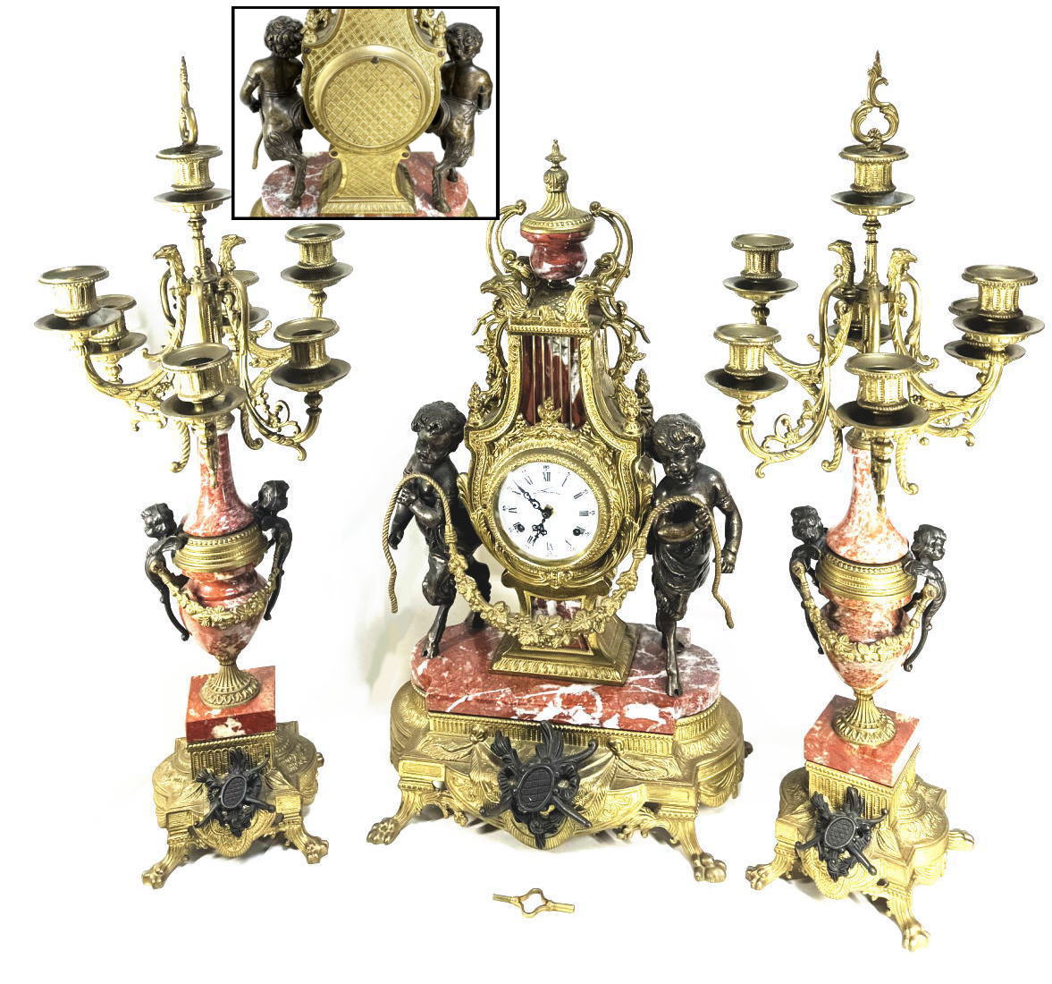 【送料無料】<BR>完品 イタリア製 Lancini<BR>インペリアル社 大理石<BR>エンジェル 天使 真鍮<BR>オルモル装飾 置時計<BR>燭台セット (旧家蔵出し)<BR>威龍彩雲