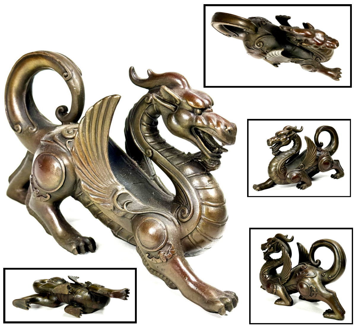 【送料無料】<BR>古銅 睚眦 （ヤアズ・ヤーズ）置物<BR>約1130g 時代物 唐物<BR>骨董 中国古玩 古美術<BR>細密細工 ウブ品 (旧家蔵出し）<BR>威龍彩雲