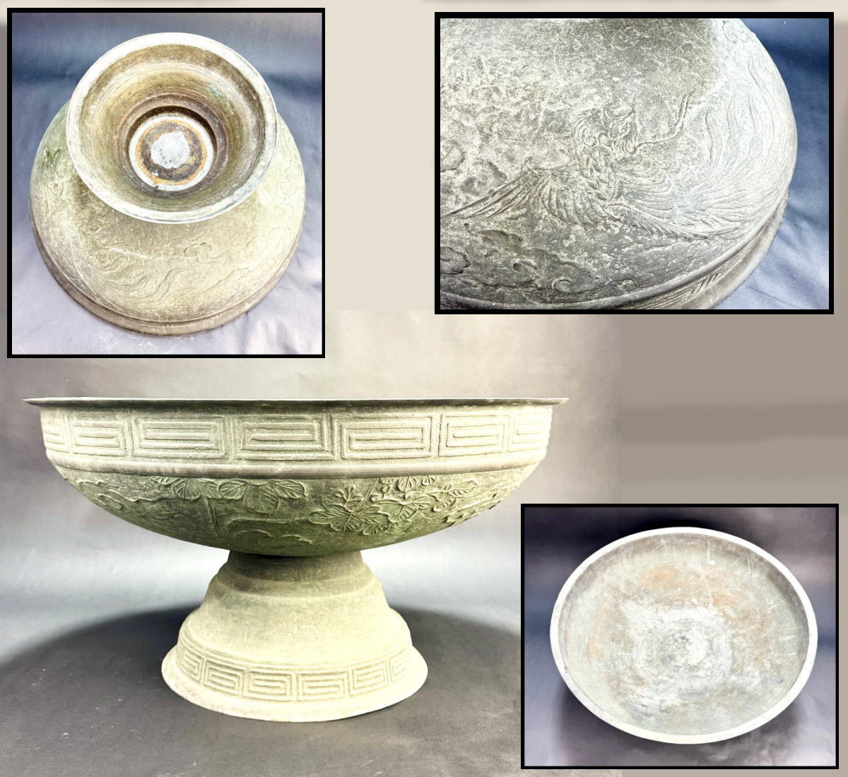 【送料無料】<BR>古代 中国 青銅器 鳳凰文特大鉢<BR>約10kg 唐物 骨董 入手困難<BR>中国古玩 (旧家蔵出し) <BR> 威龍彩雲