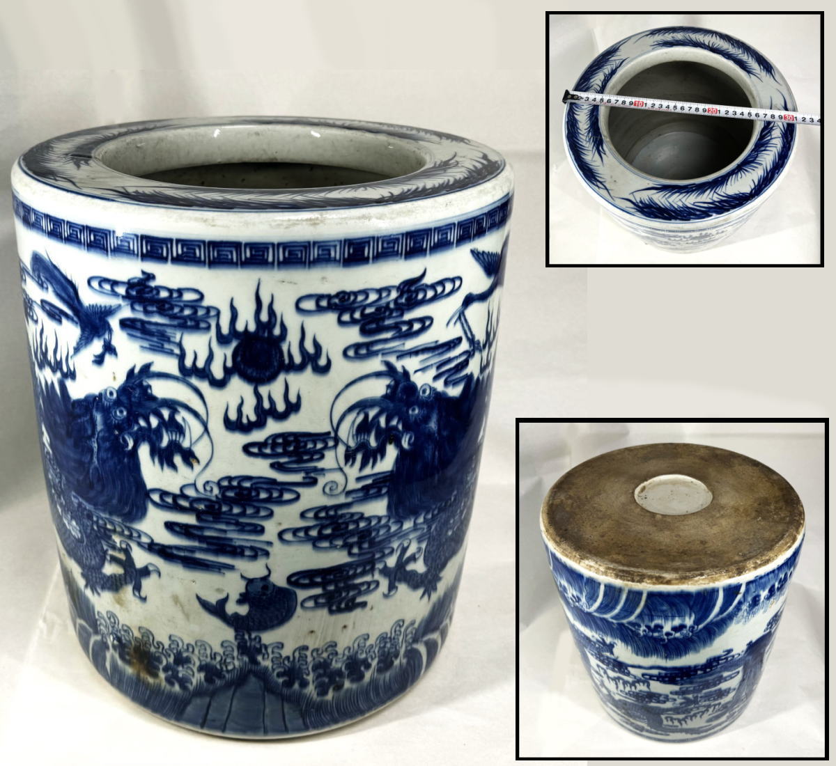 【送料無料】<BR>明時代 雙龍雙鳳凰鯉筆巻大鉢<BR>約10.3kg 伝世品焼物 青花<BR>呉須 ウブ品 入手困難 骨董<BR>中国古玩(旧家蔵出し)<BR>威龍彩雲
