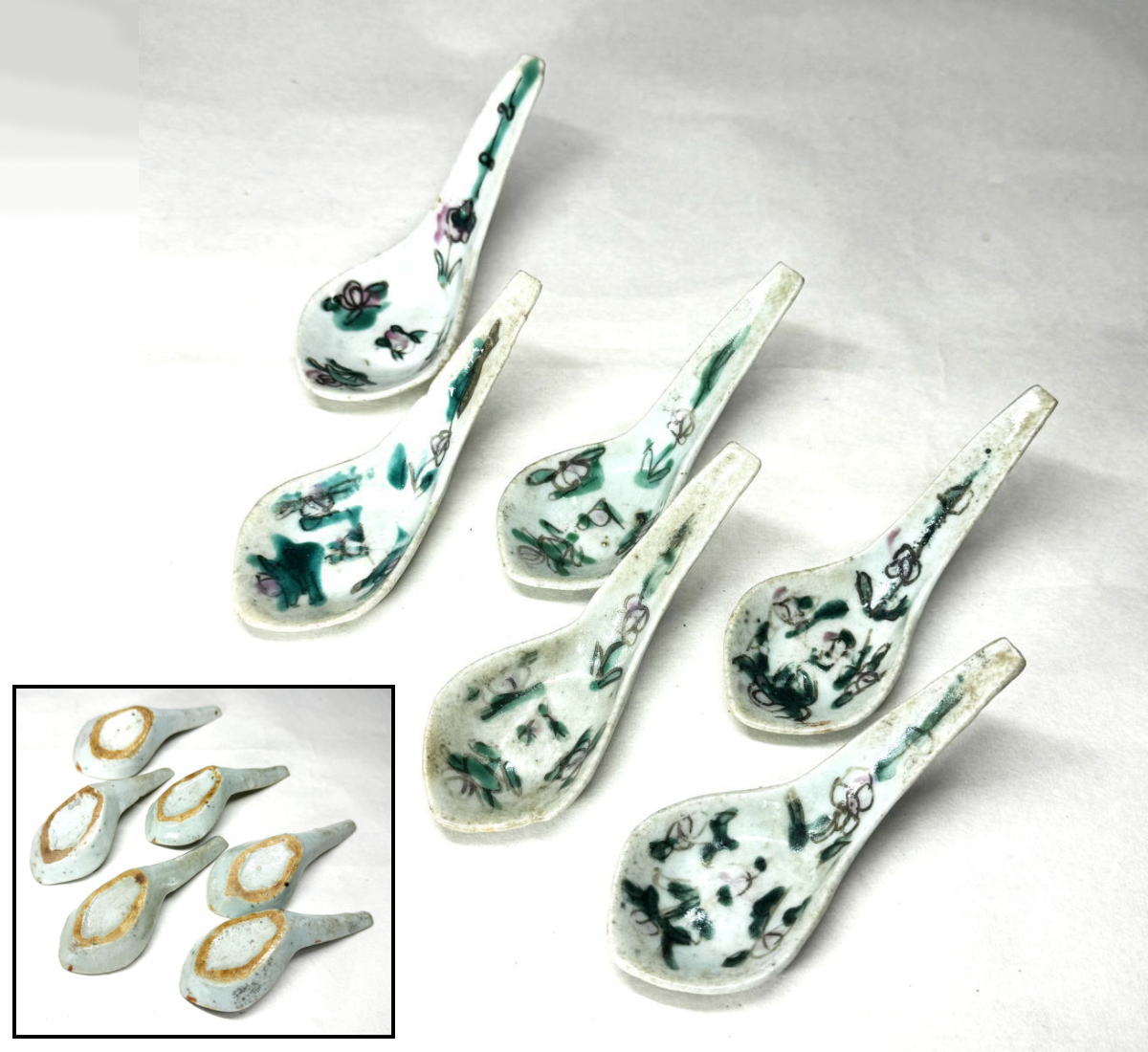 【送料無料】<BR>清 同治時代<BR>粉彩花卉紋レンゲ 6個<BR>歴史唐物 琺瑯彩 伝世品焼物<BR>ウブ品 入手困難 骨董<BR>清玩 中国古玩 (旧家蔵出し) <BR>威龍彩雲