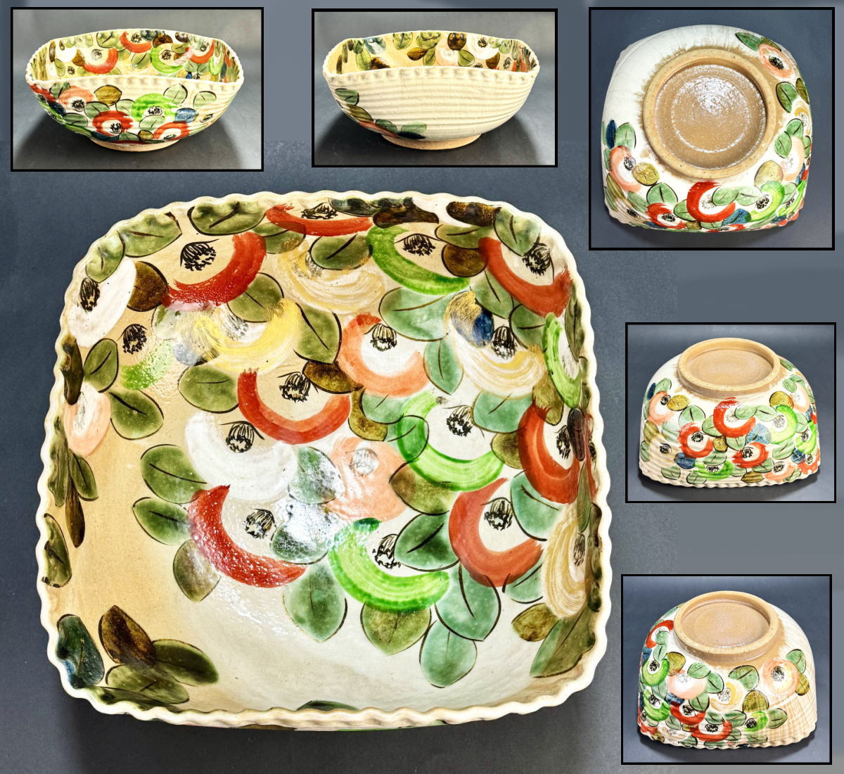 【送料無料】<BR>色絵花柄四角特大鉢 菓子大鉢<BR>焼物 約5kg ウブ品 入手困難<BR>時代物 古美術 骨董<BR>日本古玩 (旧家蔵出し) <BR>威龍彩雲