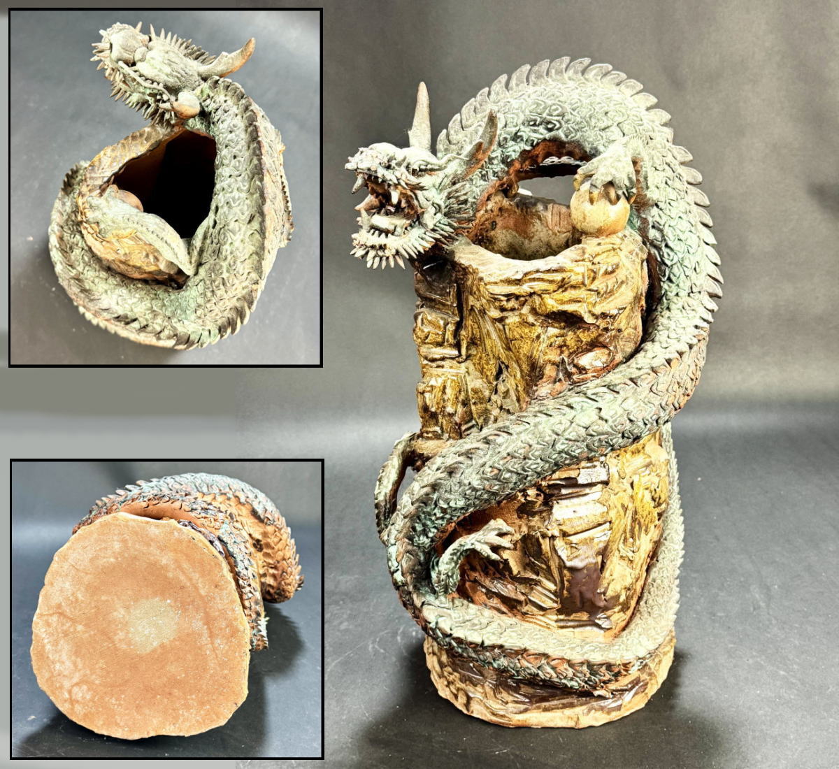 【送料無料】<BR>時代物 上り龍花器 陶器<BR>焼物 花瓶 高さ約44cm<BR>約9.6kg 入手困難 骨董<BR>日本古玩 (旧家蔵出し) <BR>威龍彩雲