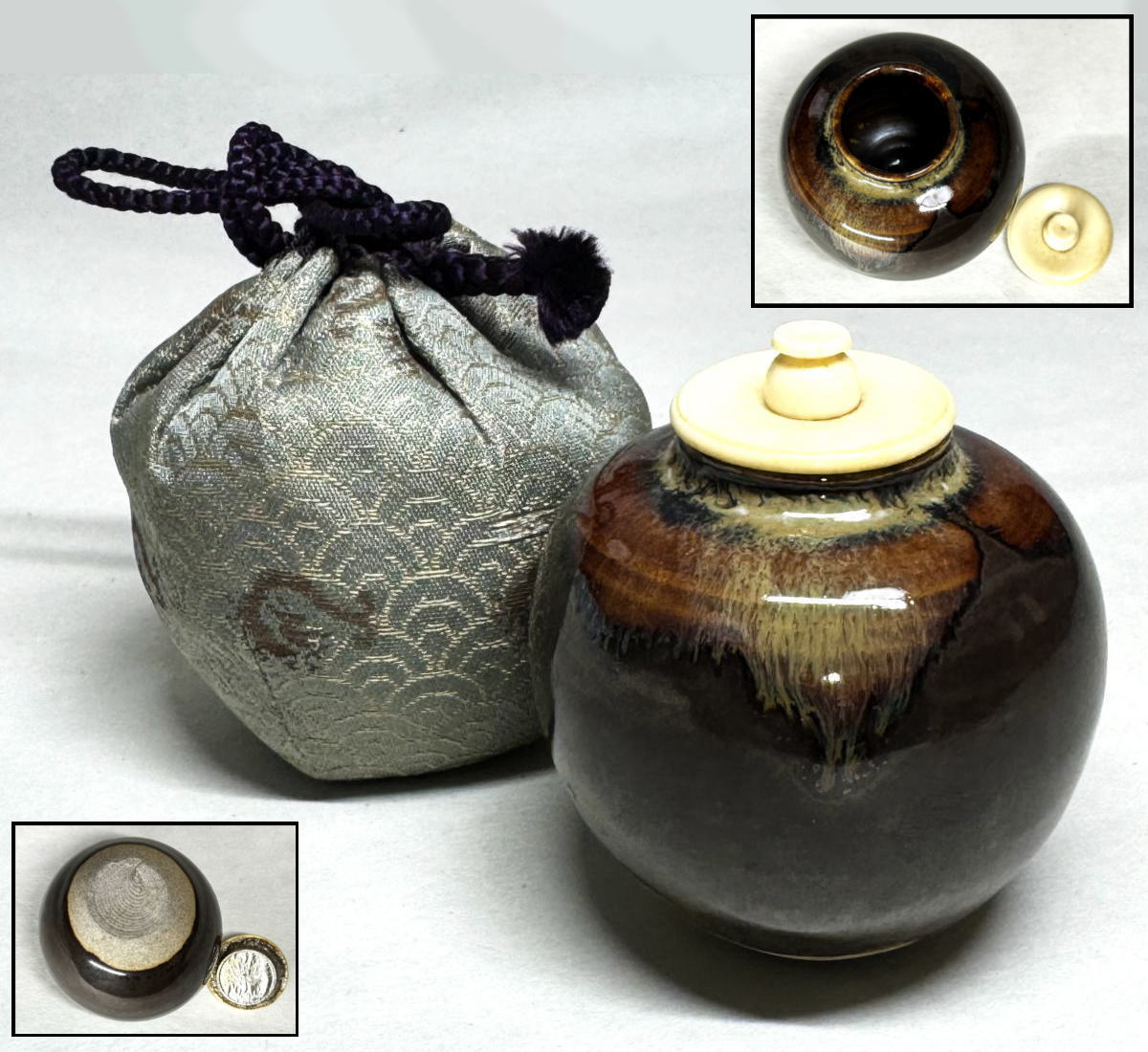 【送料無料】<BR>時代物 古茶入れ 仕覆付<BR>棗 茶壺 煎茶道具 古美術<BR>古陶磁工芸 茶道具 ウブ品<BR>入手困難 骨董<BR> (茶道先生所蔵品出し) <BR>威龍彩雲