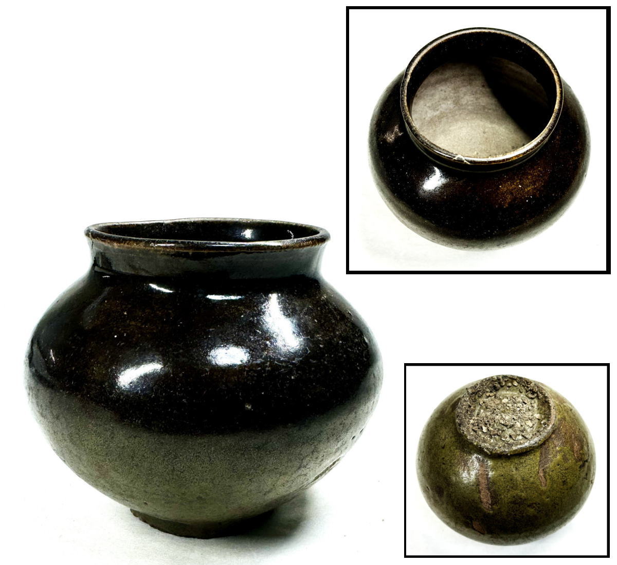 【送料無料】<BR>李朝初期 黒高麗壷 黒釉<BR>李朝 壷 伝世品焼物 骨董<BR>古玩 朝鮮古美術 古道具<BR>細密細工 (旧家蔵出し)  <BR>威龍彩雲
