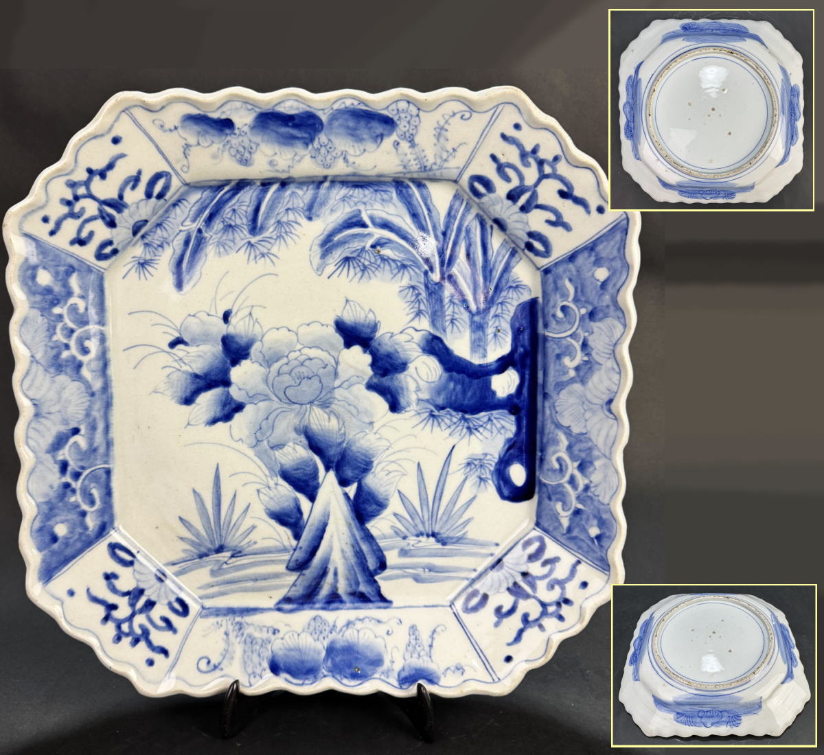 【送料無料】<BR>古伊万里 花草図大角皿<BR>約横39.5cm 菓子器 古染付<BR>呉須 青花 焼物 入手困難<BR>骨董 日本古玩 (旧家蔵出し) <BR>威龍彩雲