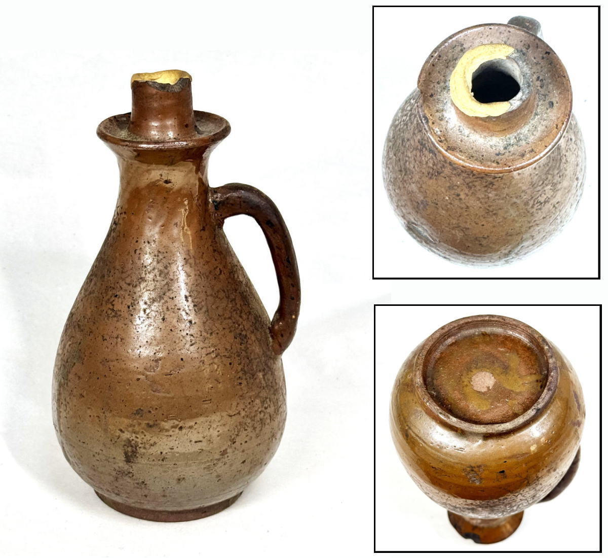 【送料無料】<BR>李朝 茶褐釉 手付灯火器油壺<BR>伝世品焼物 骨董 古玩 朝鮮古美術<BR>古道具 細密細工 (旧家蔵出し）<BR>威龍彩雲