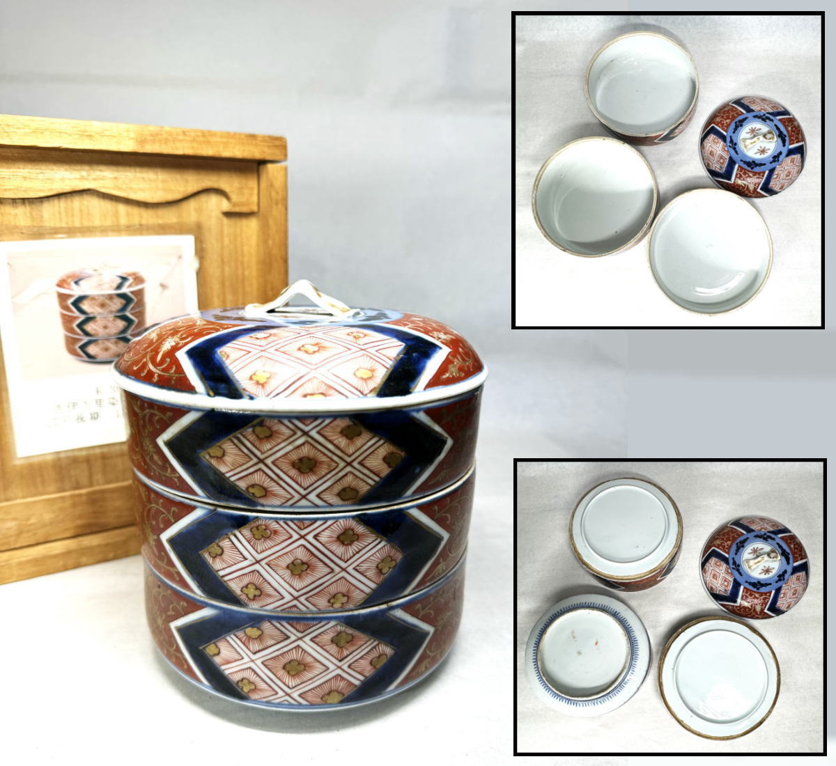【送料無料】<BR>江戸後期 古伊万里 染錦<BR>三段重 箱付 ウブ品 伝世品<BR>入手困難 骨董 コレクション<BR> (旧家蔵出し) 威龍彩雲