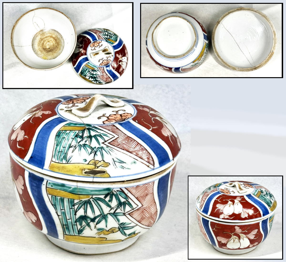 【送料無料】<BR>江戸時代 古伊万里 色絵 蓋物<BR>菓子器 喰籠 ウブ品 伝世品<BR>入手困難 骨董 コレクション <BR>(旧家蔵出し) 威龍彩雲