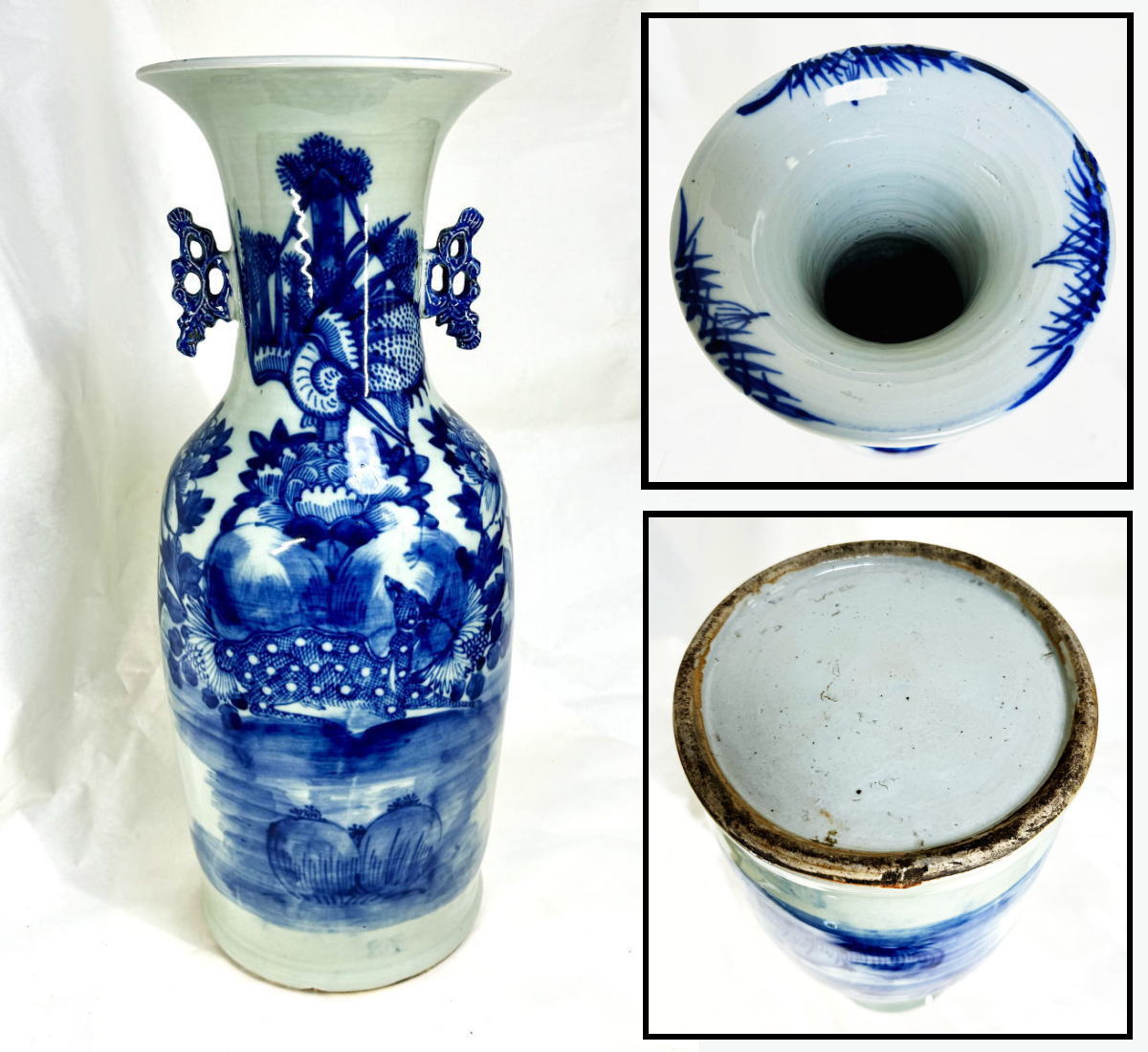 【送料無料】<BR>清時代中期 古染付<BR>牡丹花鳥鹿紋様 磁器大花瓶<BR>高さ58cm 呉須 伝世品焼物<BR>青花 ウブ品 骨董<BR>中国古玩 (旧家蔵出し)<BR>威龍彩雲