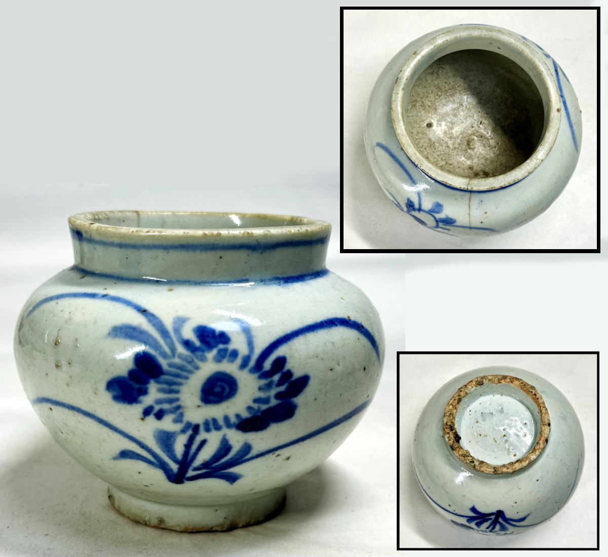 【送料無料】<BR>李朝 壺 古染付草花文丸壷<BR>提灯壷 伝世品焼物<BR>骨董 時代品 入手困難<BR>古玩 朝鮮古美術 古道具<BR>茶道家旧蔵 (旧家蔵出し)<BR>威龍彩雲
