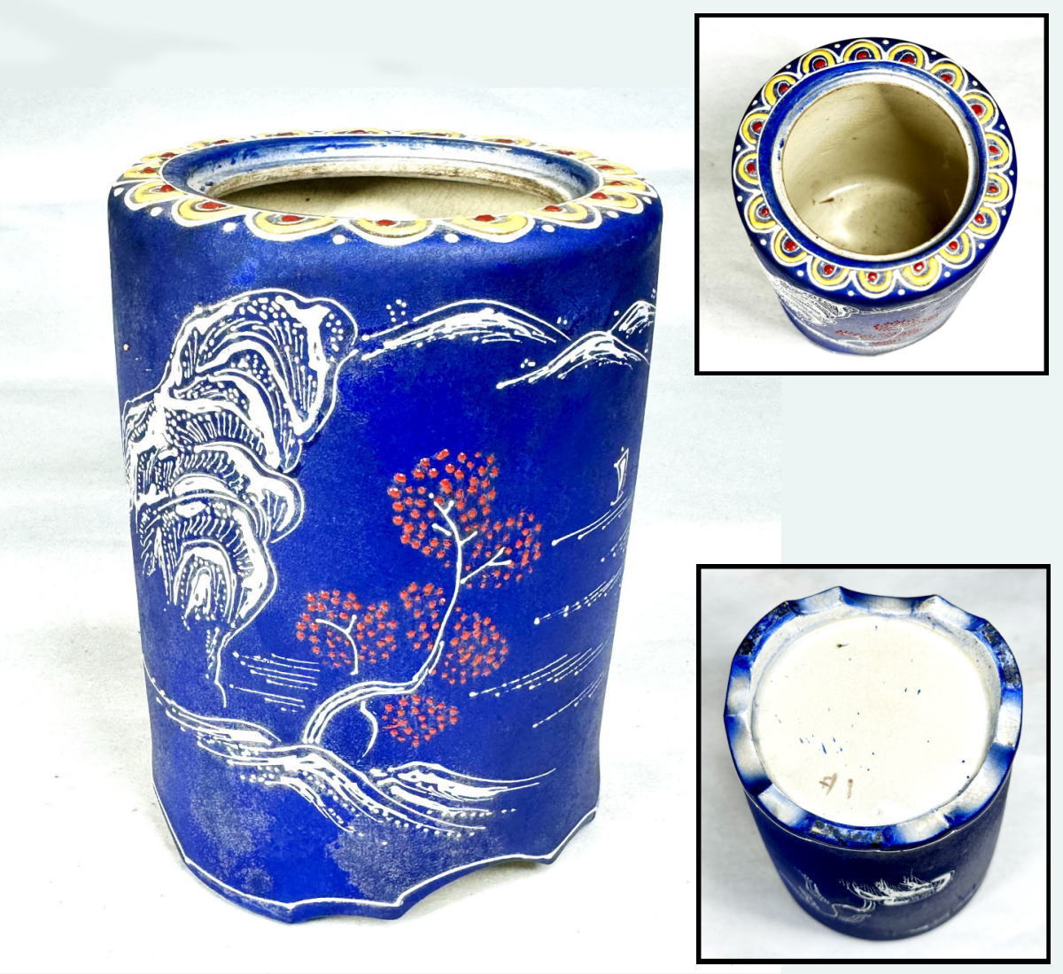 【送料無料】<BR>陶製彩色 筒形 山水文様香炉<BR>時代物 古美術 茶道具<BR>ウブ品 入手困難 骨董<BR>道具 (旧家蔵出し) <BR>威龍彩雲