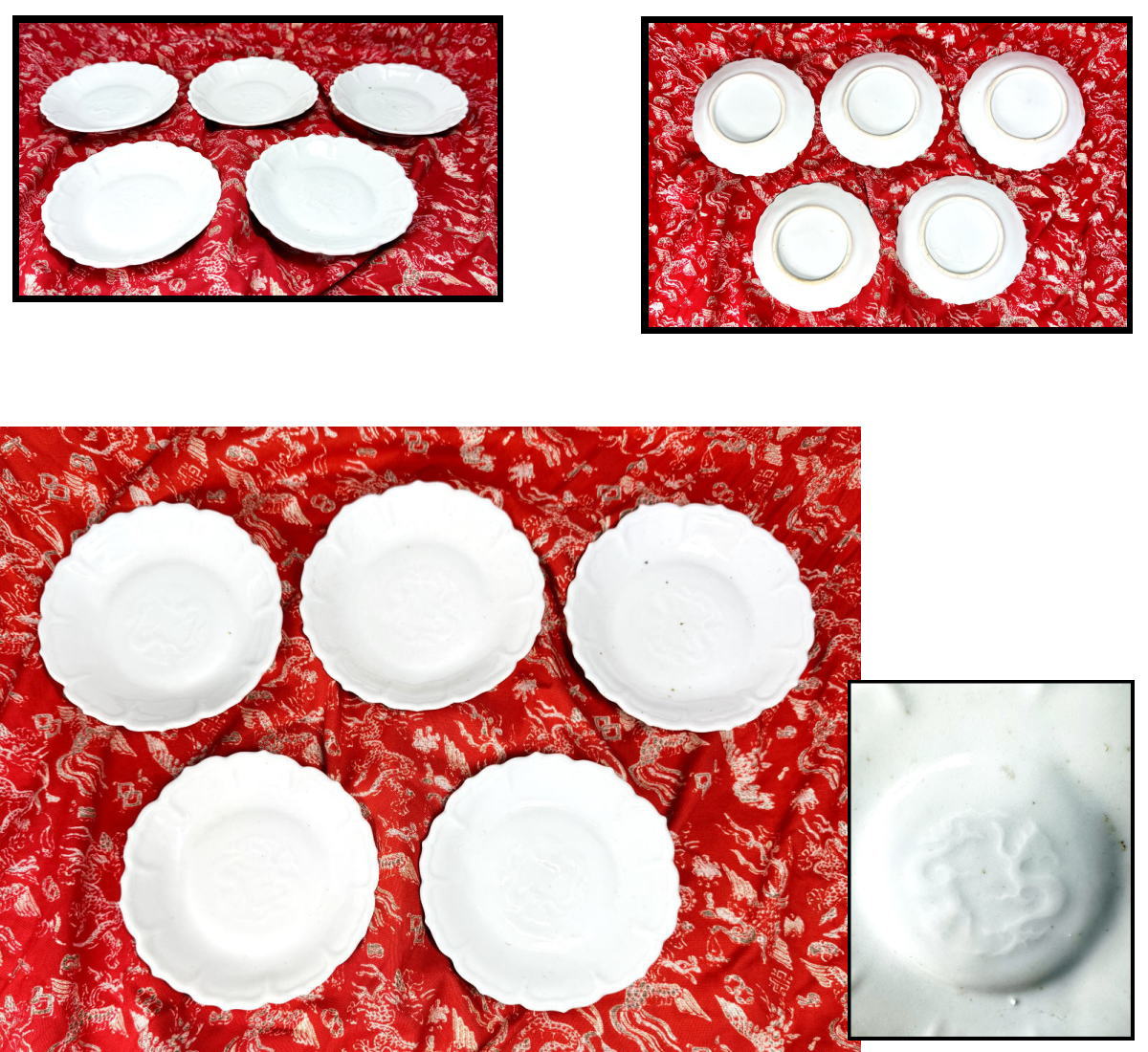 【送料無料】<BR>江戸中期 古伊万里<BR>白磁陽刻小皿 5客 時代物<BR>伝世品焼物 ウブ品 入手困難<BR>骨董 日本古美術 (旧家蔵出し) <BR>威龍彩雲