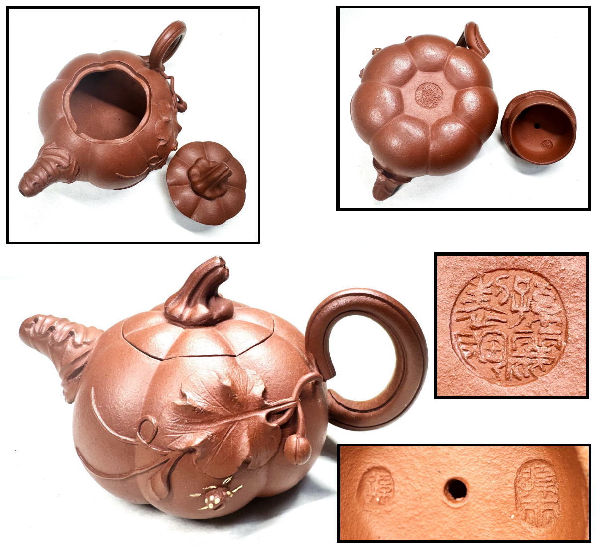 【送料無料】<BR>未使用 孫麗作<BR>南瓜形テントウムシ 紫砂茶壺<BR>在銘刻印あり 中国宜興<BR>唐物 美術 煎茶道具<BR>朱泥 急須 (旧家蔵出し) <BR>威龍彩雲