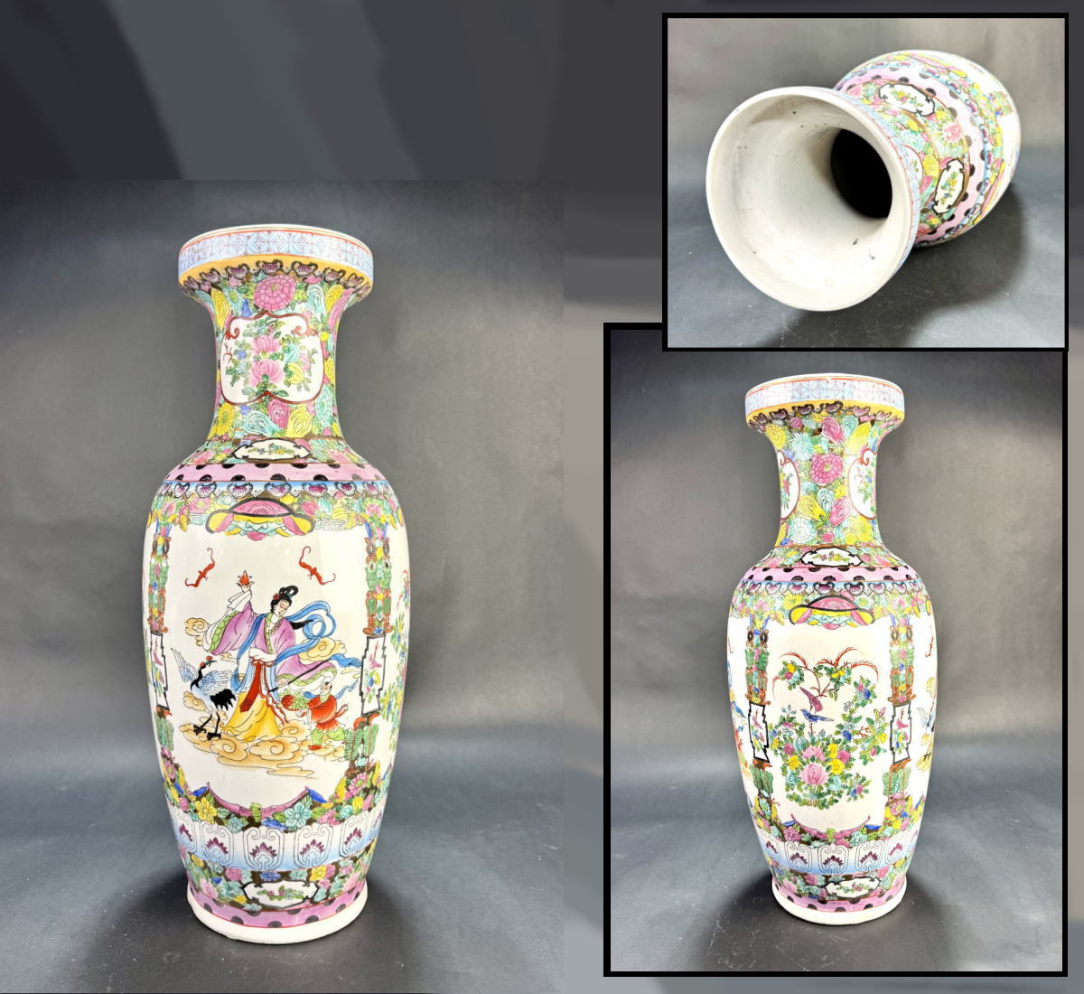 【送料無料】<BR>十錦釉天女花鳥文磁器花瓶<BR>高さ60.5cm 伝世品焼物<BR>入手困難骨董 中国古玩<BR> (旧家蔵出し）威龍彩雲