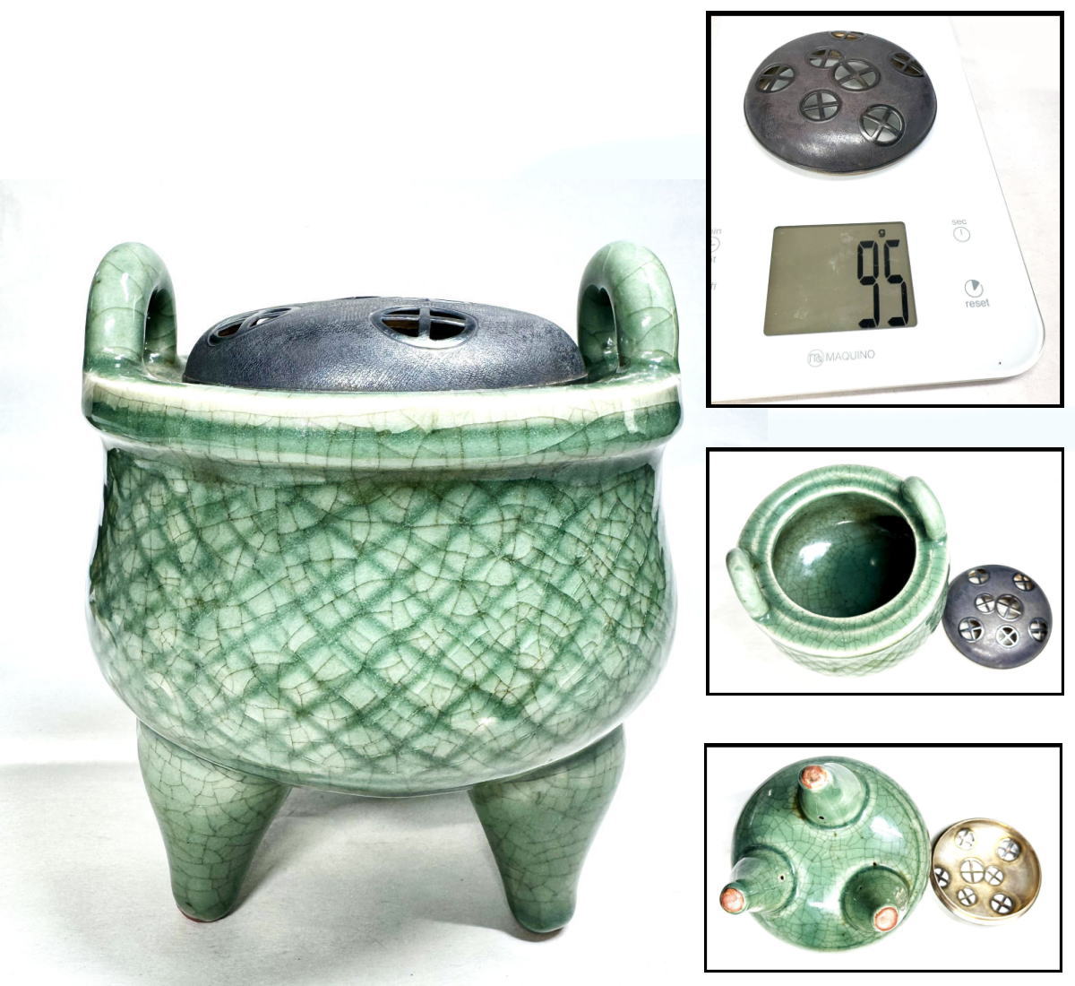 【送料無料】<BR>青磁香炉 純銀火屋付約95g<BR>香道 茶道 陶器 磁器<BR>細密細工 古美術品 骨董<BR>細密細工 (旧家蔵出し)<BR>威龍彩雲