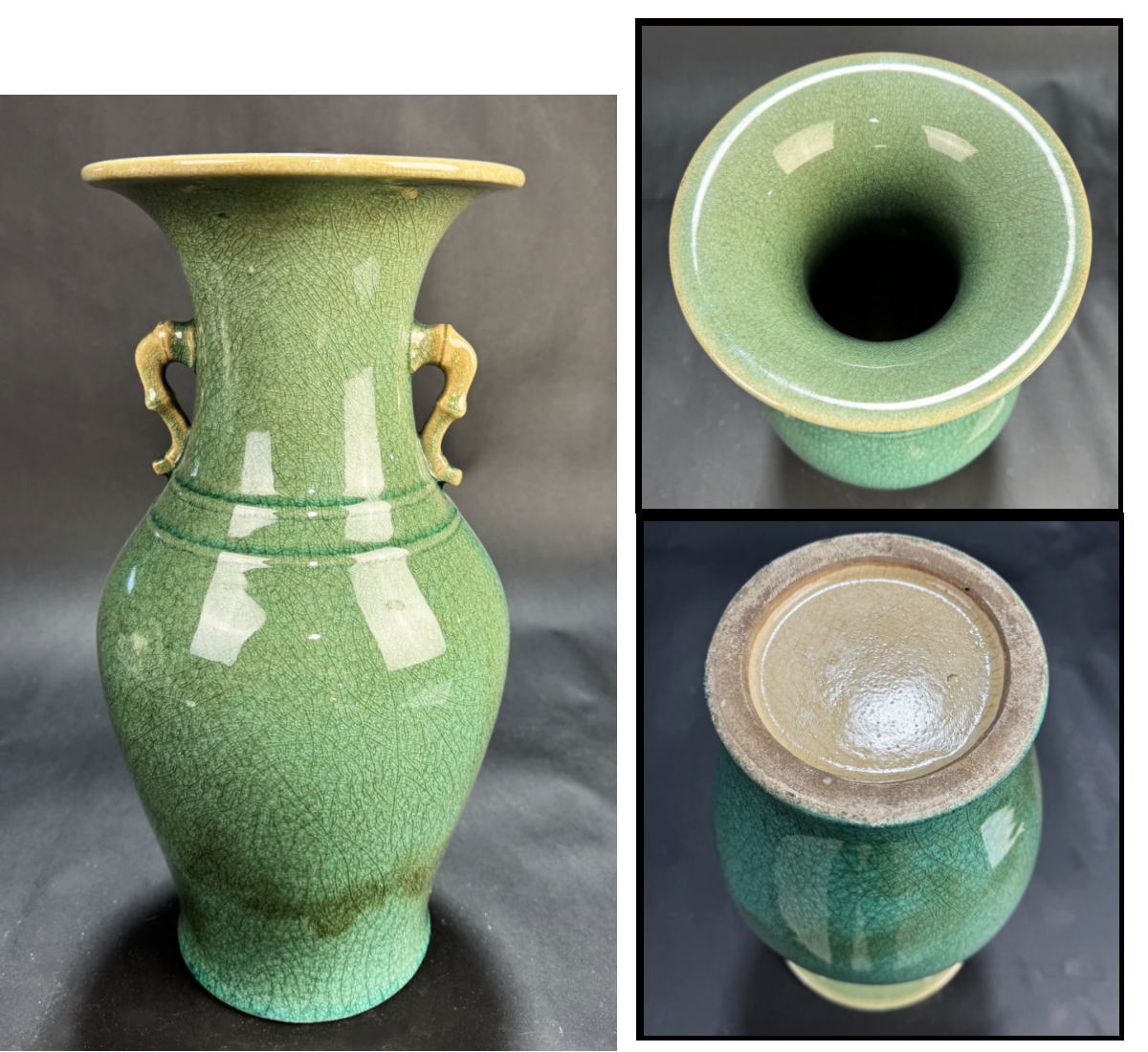 【送料無料】<BR>青釉氷紋花瓶 高さ約37.5cm<BR>唐物 骨董 入手困難 古玩<BR>中国古玩 (旧家蔵出し）<BR>威龍彩雲