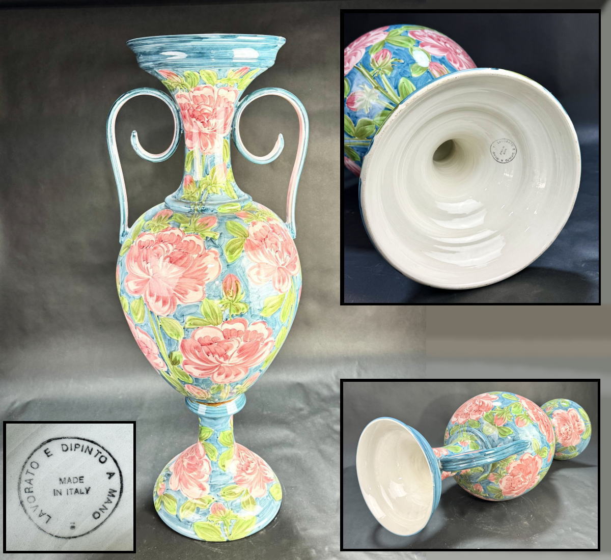 【送料無料】<BR>イタリア製 花柄大花瓶<BR>Made in Italy<BR>lavorato e dipinto a mano<BR>高さ約93cm 華麗 美術品<BR>コレクション (旧家蔵出し) <BR>威龍彩雲