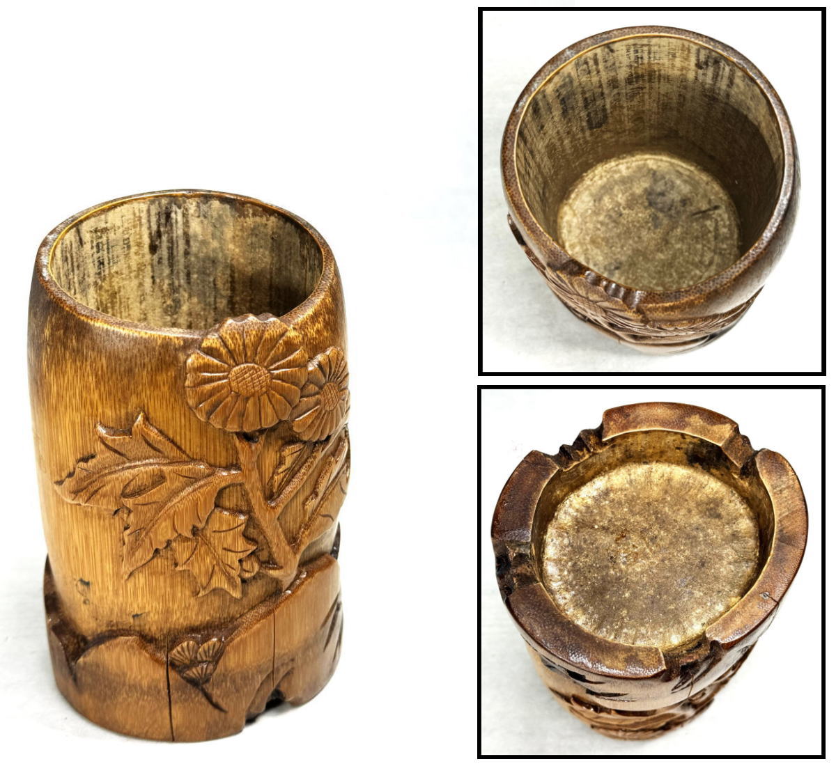 【送料無料】<BR>江戸時代 古竹彫 手彫り<BR>菊花 筆立 時代物<BR>文房具 ペン立て 書道具<BR>筆筒 古道具 日本骨董<BR>細密細工 (旧家蔵出し)<BR>威龍彩雲