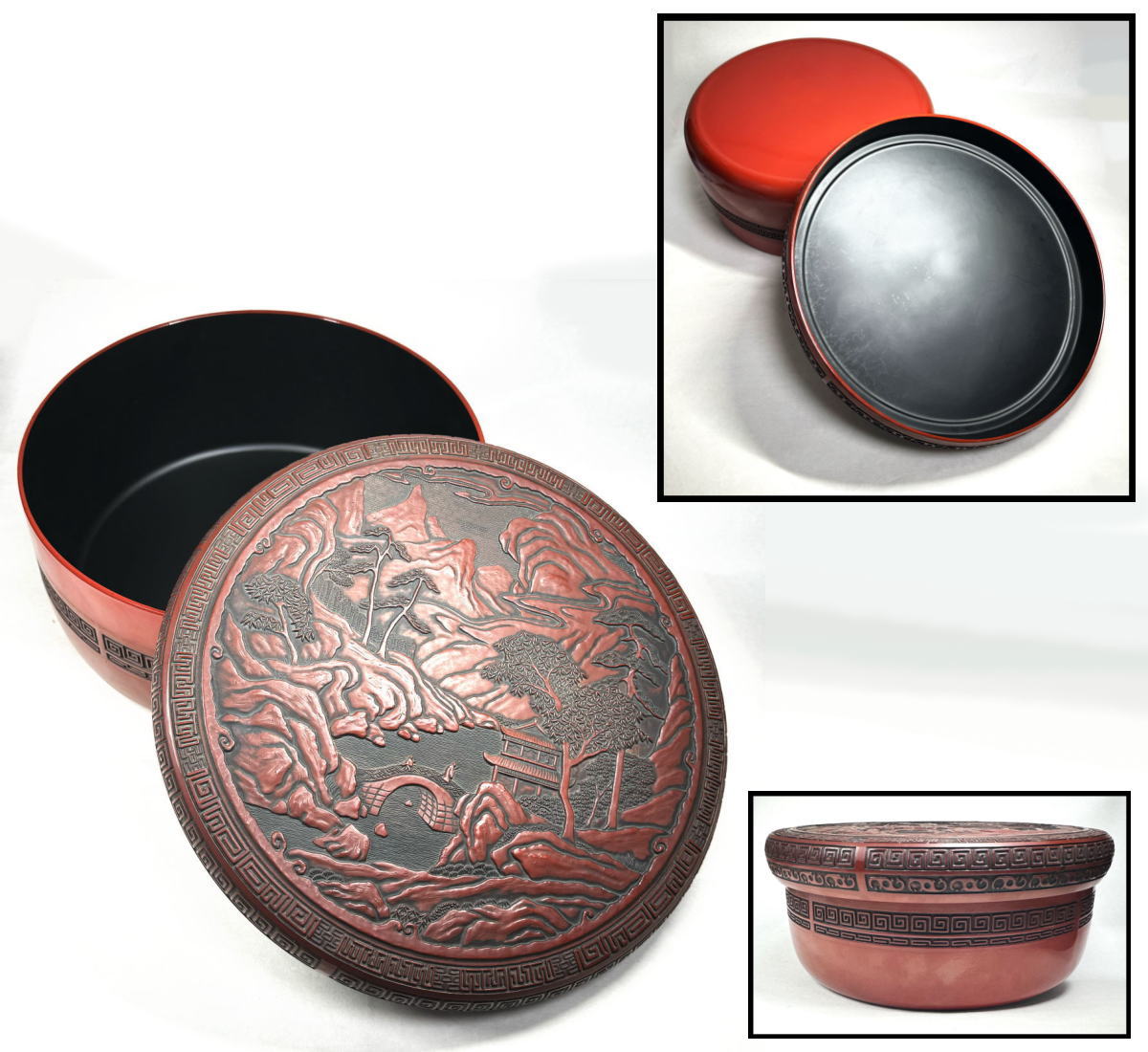 【送料無料】<BR>剔紅 堆朱 木製人物山水茶櫃<BR>茶びつ 取り込み盆<BR>煎茶道具入れ 漆器 時代物<BR>骨董 古美術 細密細工<BR>ウブ品 (旧家蔵出し) <BR>威龍彩雲