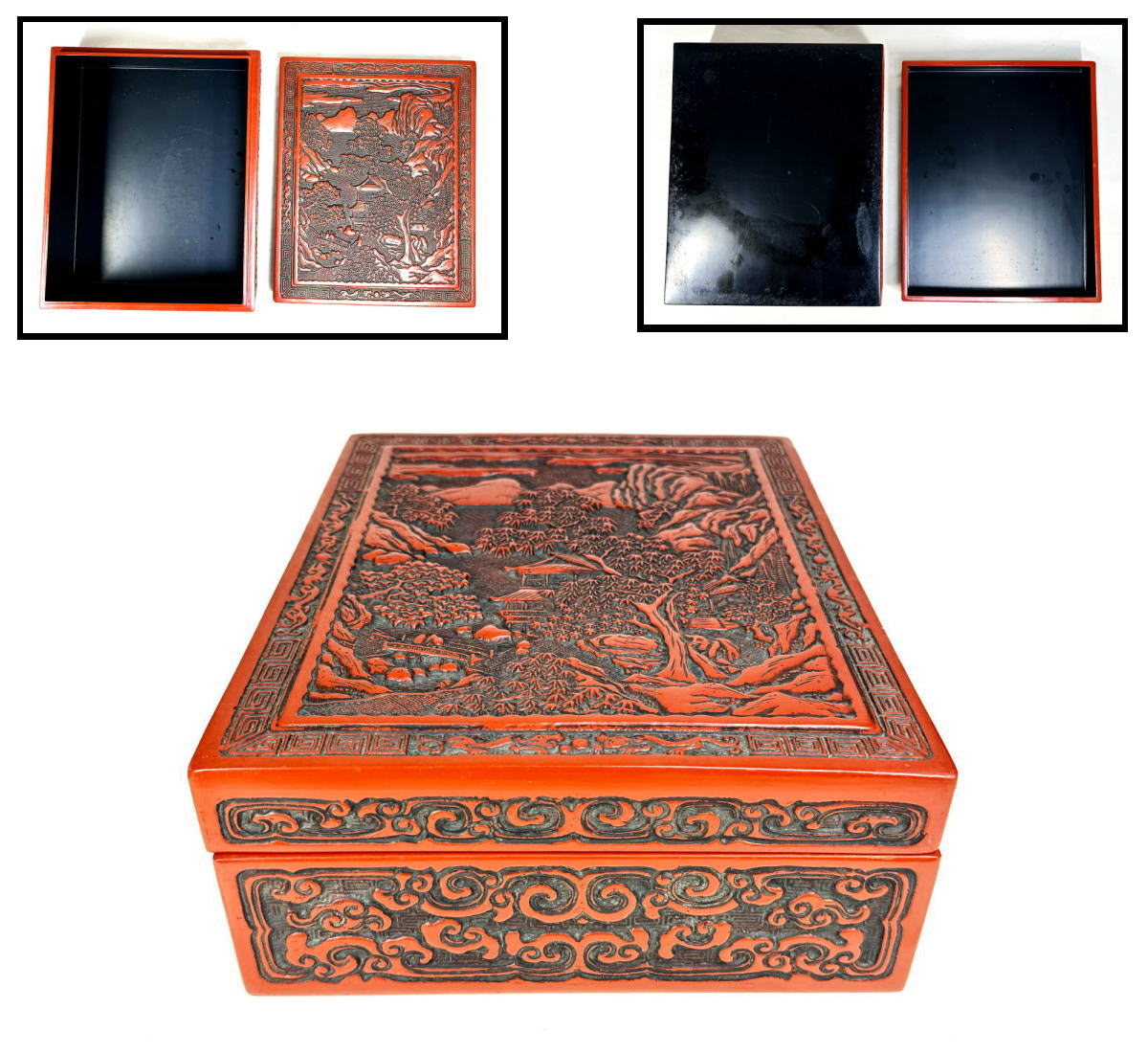 【送料無料】<BR>剔紅 堆朱 木製山水楼閣人物図文箱<BR>漆器 時代物 唐物 骨董<BR>中国古玩 古美術 細密細工<BR>ウブ品 (旧家蔵出し) <BR>威龍彩雲