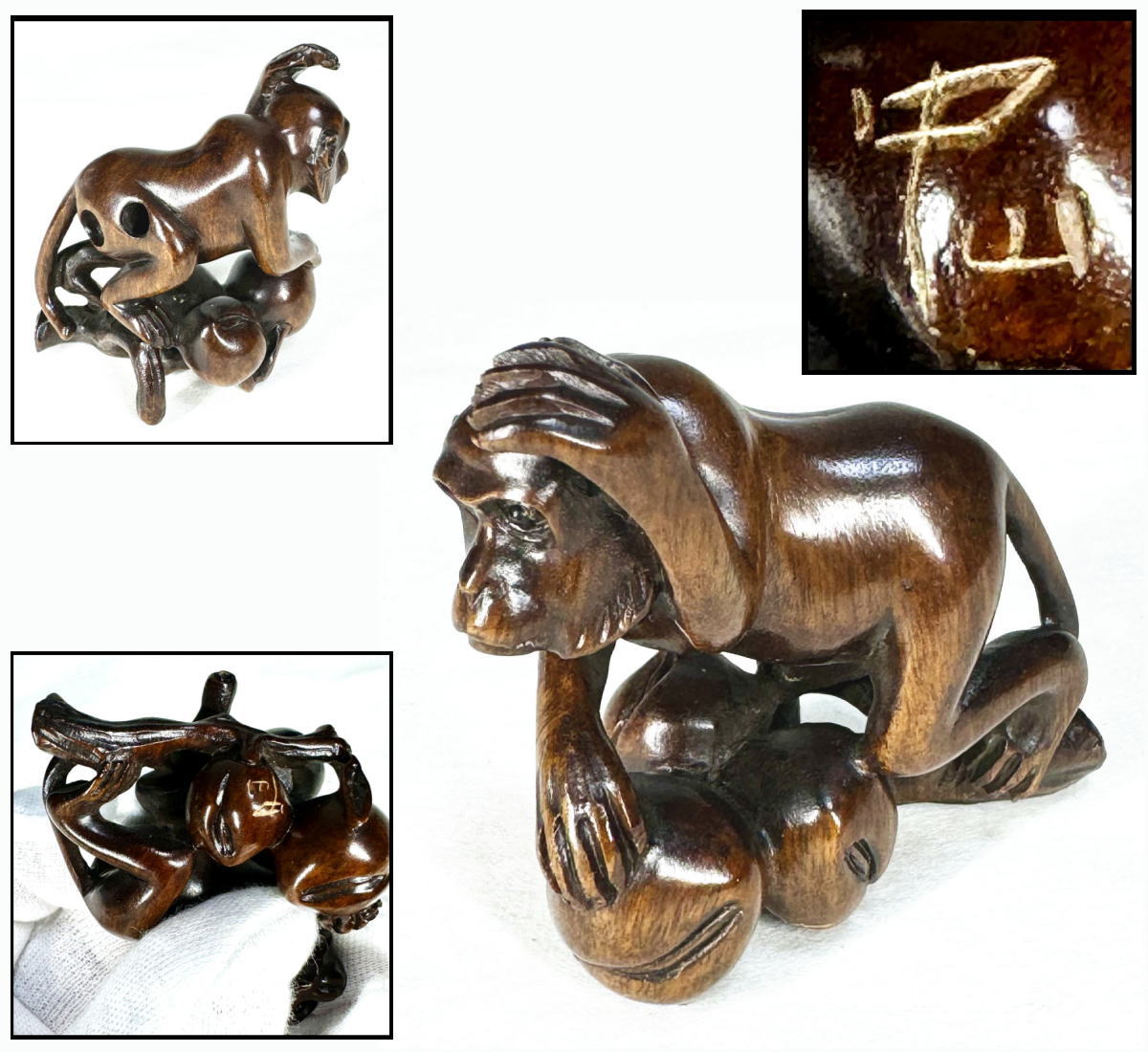 銘木　繊細な手彫り　一刀彫　献桃猿　寿　オブジェ　中国美術品　？ 楽天市場】【送料無料】中山銘 桃持ち猿根付 手彫り唐木彫
