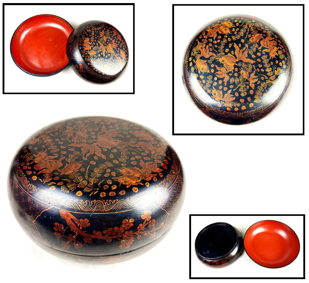 【送料無料】<BR>時代物 木製描金魚藻文蒔絵喰籠<BR>菓子器 約直径32cm 漆器<BR>骨董 古玩 古美術 細密細工<BR>ウブ品 (旧家蔵出し) <BR>威龍彩雲